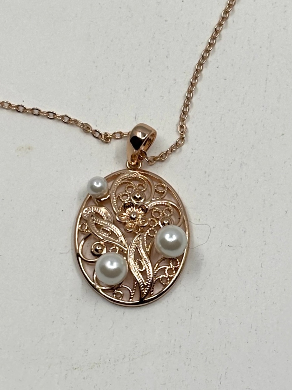Gold Filigree  Floral and Pearl Pendant And Chain